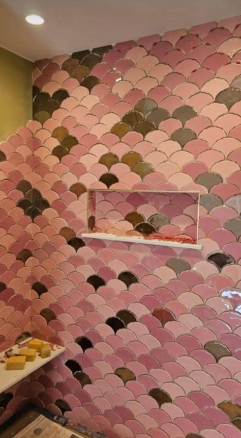 Handmade ceramic ginkgo biloba tiles. Pink, berry pink and gold mosaic tiles made by Viola Ceramics Studio Gold Mosaic Tile, Ginkgo Biloba Tree, Mermaid Tile, Large Cardboard Boxes, Coloured Grout, Gold Mosaic, Ceramics Studio, Pink Berry, Ceramic Mosaic