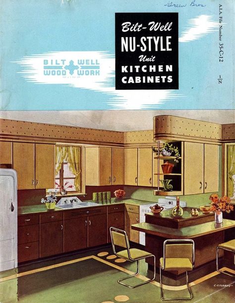 Classic midcentury wood kitchen cabinets from 1948 - 20 pages of Nu-Style by Bilt-Well - Retro Renovation Modern Wood Cabinets, Kitchen Classic Modern, 1940s Interior, Midcentury Kitchen, Steel Kitchen Cabinets, Cream Living Rooms, Outdoor Kitchen Cabinets, Retro Renovation, Cabinets Ideas