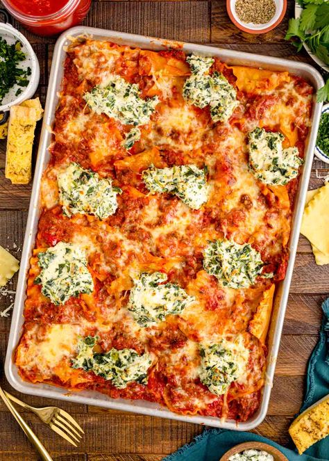 Pan Lasagna Recipe, Sheet Pan Lasagna, Pan Lasagna, Layered Pasta, Giada Recipes, Sheet Pan Dinners Recipes, Homemade Lasagna, Mild Italian Sausage, Color Sheets