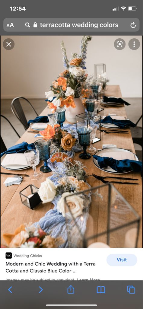 Terracotta And Navy Wedding, Orange Wedding Centerpieces, Navy Blue Wedding Theme, Orange Wedding Themes, Blue Wedding Centerpieces, Casino Wedding, Burnt Orange Weddings, Orange Table, Rusty Orange