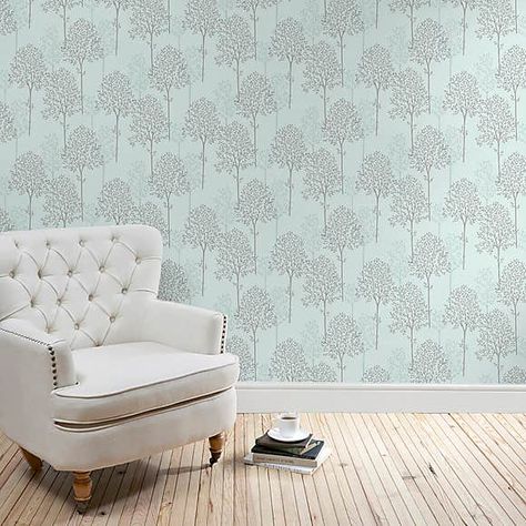 Duck Egg Blue Hallway, Blue Hallway, Mustard Wallpaper, Egg Yellow, Trees Wallpaper, Teal Wallpaper, Damask Wallpaper, Forest Wallpaper, White Brick