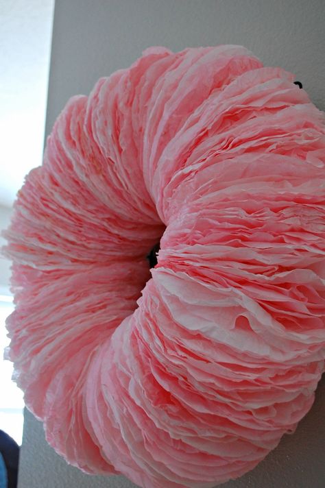 Coffee Filter Wreath for Valentine's Day - Miss Frugal Fancy Pants Diy Coffee Filter Crafts, Coffee Filter Garland, Diy Coffee Filter, Honeymoon Shower, Coffee Filter Wreath, Ribbon Flower Tutorial, Coffee Filter Crafts, Hair Bow Tutorial, Fabric Flower Tutorial