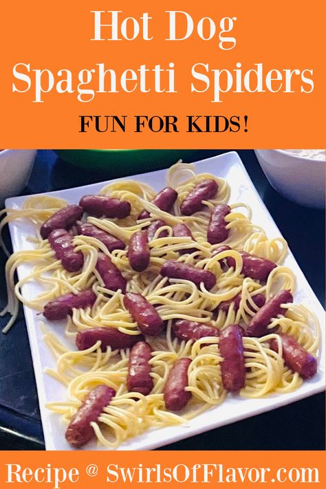 Kids will love our Hot Dog Spaghetti Spiders for their Halloween dinner! Simply thread spaghetti through hot dogs, cook and serve tossed with butter and Parmesan cheese, marinara sauce or just ketchup. An easy recipe that’s fun for kids to eat! Spider Hot Dogs Halloween, Hot Dog Spiders, Halloween Spaghetti, Hot Dog Pasta, Hot Dog Spaghetti, Plain Pizza, Impressive Dinner, Kid Recipes, Easy Halloween Food