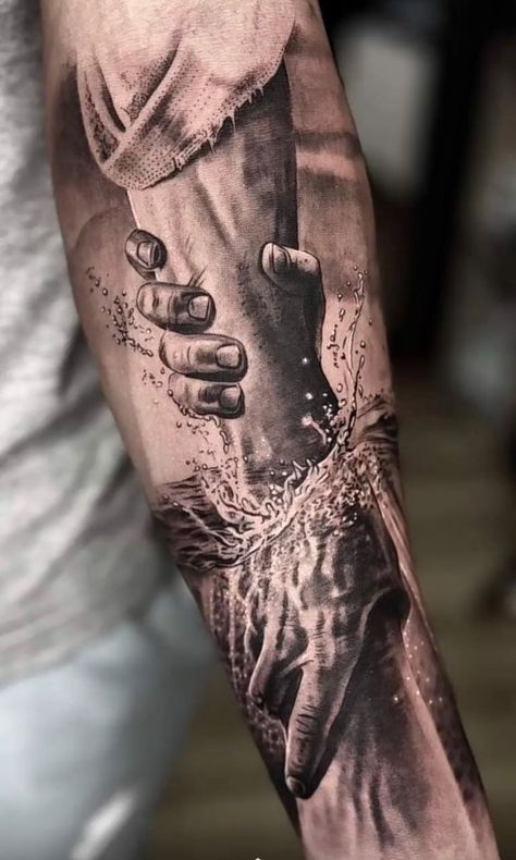 Wörter Tattoos, Black And White Tattoo, Christ Tattoo, Christian Sleeve Tattoo, Realistic Tattoo Sleeve, Forearm Sleeve Tattoos, Cool Forearm Tattoos, Half Sleeve Tattoos For Guys, Tasteful Tattoos