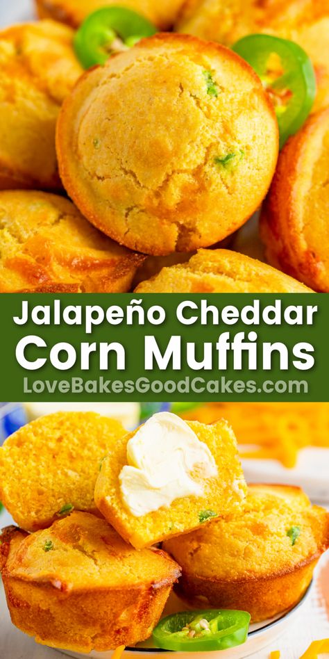 Jalapeño Cheddar Corn Muffins pin collage Jalapeño Corn Muffins, Cheesy Corn Muffins, Corn Muffins From Scratch, Jalapeño Cornbread Muffins, Moist Cornbread Muffins, Jalapeno Corn Muffins, Jalapeño Cheddar Cornbread, Corn Muffins Recipe, Cheesy Snacks