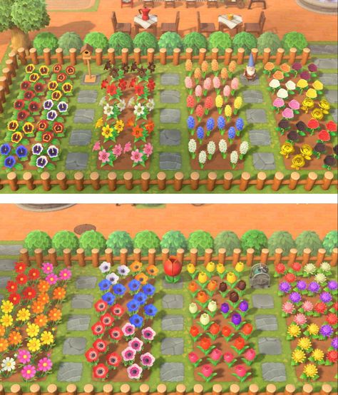 Acnh Flower Breeding Garden Ideas, Animal Crossing Flower Garden, Flower Garden Layouts, Rosen Beet, Small Flower Gardens, Flower Fence, Flower Bed Designs, Animal Crossing Guide, Easy Animals