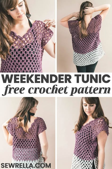 This weekender tunic is the perfect beach topper over a bathing suit, or a tank and jeans for summer. The free crochet pattern features breezy and open beginner stitches, and a simple scallop neckline with fun color blocking! Plus, I used a tape style yarn from Lion Brand that is so unique and amazing that you just have to try it to believe it! #crochet #tunic #top #crochettop #freepattern Crochet Tops Free Patterns Plus Size, Crocheted Skirts, Creating Clothes, Crochet Jackets, Crochet Shirts, Crocheted Clothes, Blouse Crochet, Black Crochet Dress, Crochet Ladies Tops