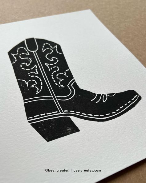 Coming soon 🤩 Limited run of these boot prints coming to my shop next Monday! Save the date and subscribe to my newsletter if you want a discount 🤠 #blockprint #blockprinting #linocut #wildwest #westernvibes #wallart #homedecor #westerndecor #cowboyboots #printshop #shopsmall Western Linocut, Cowboy Boots Illustration, Stationery Inspiration, Limited Run, Block Printing, Cowboy Boot, Illustration Inspiration, Western Decor, Lino Print