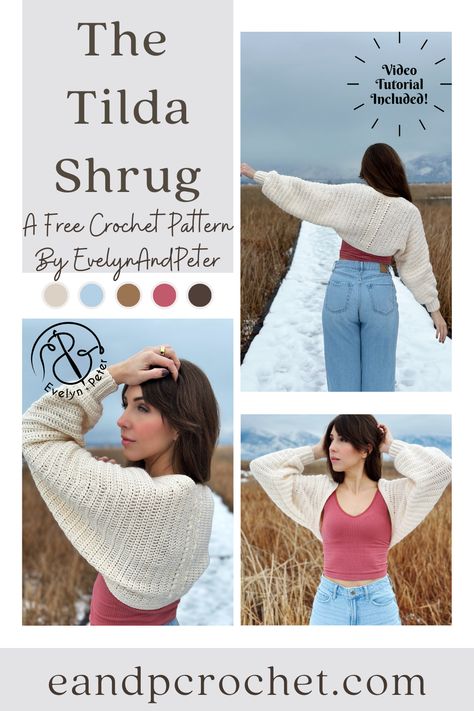 The Tilda Shrug is a FREE crochet pattern by EvelynAndPeter! It includes sizes XS-5X and a video tutorial for beginners! Find the pattern on my blog or the kit available with Lion Brand! #crochetpattern #crochetshrug #crochetsweater #crochettutorial Crochet Sweater Shrug, Crochet Wrap Around Shrug With Sleeves Pattern Free, Shrug Cardigan Crochet Pattern, Crochet Patterns Wearables, Knit Like Crochet, Crocheted Shrugs Free Patterns Easy, Crochet Shrug Pattern Free Boleros, Fine Yarn Crochet Patterns Free, Crochet Shrug Pattern Free Easy