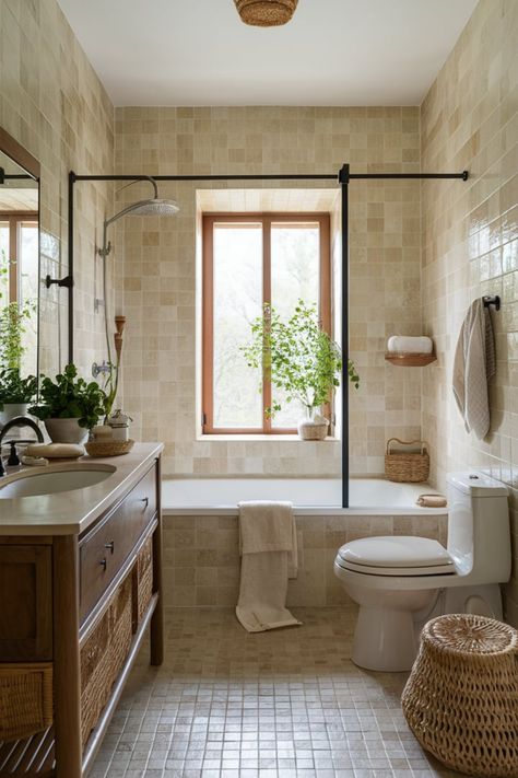 Turn your bathroom into a warm, natural haven! Incorporate beige tiles, wooden vanities, and woven decor with greenery and sunlight for a soothing, spa-inspired space. #BathroomDesign #NaturalBathroom #SpaBathroom #BeigeBathroom #WoodenVanities #SereneBathroom #WovenDecor #BathroomRetreat #InteriorDesignInspo #BathroomGoalsd sunlight for a soothing, spa-inspired space. Boho Spa Bathroom Ideas, Boho Spa Bathroom, Bathroom Ideas Warm Tones, Spa Bathroom Aesthetic, Rooftop Bathroom, Bathroom No Window, Casita Bathroom, Hygge Bathroom, Spa Bathroom Ideas