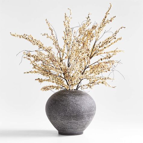 White Mini Berry Stem Arrangement in Ophelia Matte Black Round Vase | Crate & Barrel Counter Styling, Kitchen Counter Styling, Faux Stems, Flowers In Vases, Christmas Vases, Faux Olive Tree, Artificial Floral Arrangements, Christmas Plants, Faux Floral Arrangement