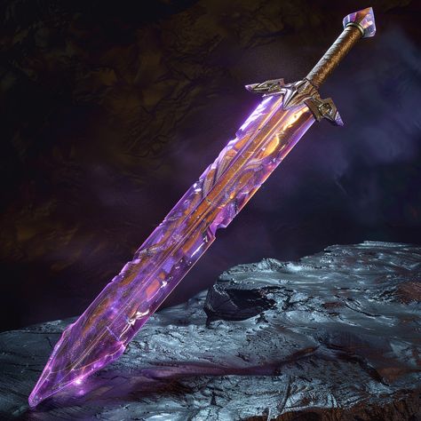 Behold the Singing blade, a sword forged from shimmering purple crystals that resonate with melodic harmonies whenever it slices through the air. Its ethereal song echoes across the battlefield, striking fear into the hearts of its foes and inspiring courage in its wielder. What tales of heroism and valor will be sung of the warrior who wields this enchanted blade? #Blade #CrystalSword #MelodicWarrior #FantasyWeapon Mythical Swords, Weaponsmith Aesthetic, Fantasy Crystal, Fantasy Blade, Monster Pictures, Retro Gadgets, Magic Aesthetic, Purple Diamond, Cool Swords