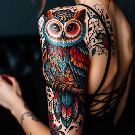 Wise owl tattoos that embody knowledge and insight. Discover your perfect design today. #tattoo #tattoo_for_woman #tattoo_ideas #tattoo_for_man #ai Tattoo Art Ideas, Owl Legs, Colorful Owl Tattoo, Today Tattoo, Cute Owl Tattoo, Colour Tattoo For Women, Body Tattoo Design, Colour Tattoo, Japanese Bird