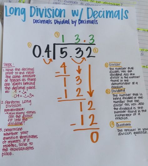 Math notes. Study notes. Study. Math. Division. Decimals. Long Division. Dividing Decimals By Decimals, Dividing With Decimals Anchor Chart, Long Division Activities 5th, Divide Decimals By Decimals, Long Multiplication Steps, How To Divide Math, Grade 6 Math Notes, How To Do Division Step By Step, Long Division Steps Printable