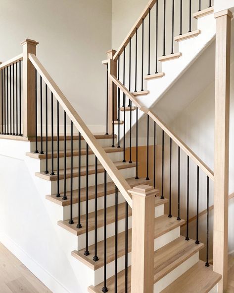 Wooden Stairs With Metal Railing, White Oak And Iron Stair Railing, Square Railings For Stairs, Modern Craftsman Staircase, Transitional Railings For Stairs, Modern Indoor Railing Ideas, White Oak Stairs Black Railing, Updated Bannister Ideas, Interior Stair Railing Ideas Wood