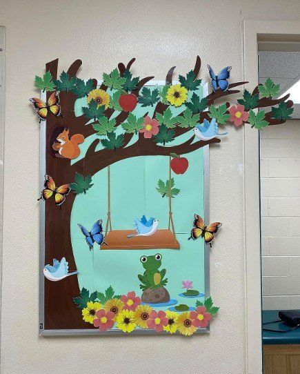 Spring Tree Bulletin Boards 3 Classroom Trees Ideas, Tree Bulletin Board Ideas Preschool, Nature Bulletin Boards Preschool, Garden Theme Classroom Door, Seasons Bulletin Board Ideas, Spring Bulletin Board Ideas For Work, Garden Theme Classroom Decorations, Tree Bulletin Boards, Spring Time Bulletin Board Ideas