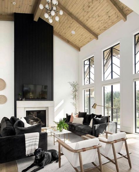 Becki Owens (@beckiowens) posted on Instagram: “Love this ceiling and the contrast @vanessaparkerdesign - swipe to see the whole space 🖤🖤🖤 Also our weekend sales picks are up on…” • Feb 7, 2021 at 7:44am UTC Black Fireplace, Becki Owens, Tall Ceilings, A Living Room, Cheap Home Decor, Great Rooms, Home Remodeling, Living Area, Family Room