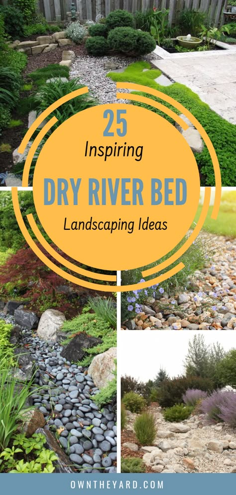 Front Yard River Bed, Rock Path For Water Drainage, River Rock French Drain, Dry Creek Bed For Drainage Rain Garden, Dry Streambed Landscaping, River Rock Landscaping Dry Creek Bed Rain Garden, Dry Creekbed Garden, Water Drainage Ideas Yards Diy, Dry Creek Bed Landscape On A Hill