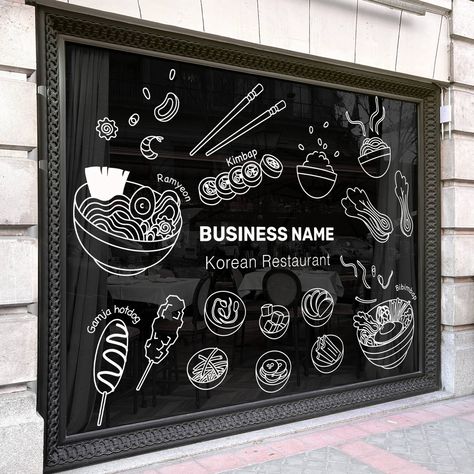 Transform your Korean restaurant with our custom vinyl decal! Perfect for both interior and exterior decor, this decal features detailed illustrations of popular Korean dishes like Ramyeon, Kimbap, and Bibimbap. Personalize your business logo and lettering to create a unique and inviting atmosphere for your customers. Our vinyl decals are easy to apply and durable, ensuring a long-lasting and professional look. Ideal for any Asian restaurant looking to enhance its ambiance and attract more cu... Restaurant Signage Design, Glass Sticker Design, Decal Business, Glass Wall Design, Restaurant Signage, Logo Signage, Food Decor, Korean Restaurant, Asian Restaurants