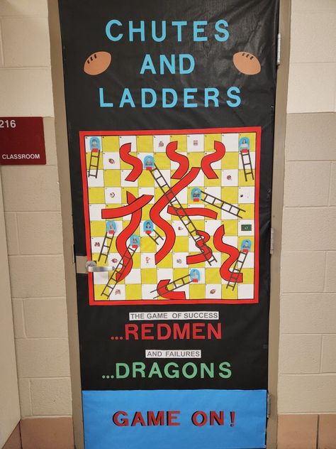 Each year for Spirit Week (Homecoming) we have a theme and door decorating gives points to each grade level. This year's was Board Games and all the popular ones were already taken, so Chutes and Ladders was left. My homeroom kids are the game pieces at the top of each ladder. Nothing popped up on pinterest for inspiration on this game for door decoration. Chutes And Ladders Bulletin Board, Board Game Homecoming Theme, Chutes And Ladders Decorations, Spirit Week Homecoming, Chutes And Ladders, Board Game Themes, Raffle Ideas, Homecoming Floats, Homecoming Themes