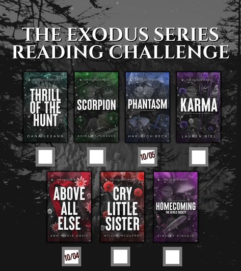 Not all of the books are out yet, but let’s see where you are in the challenge! How many Exodus books have you read? Check the boxes and share to your feed and/or stories to show us how far you’ve gotten!⁣ ⁣ There will be an official challenge once all of the books are out, but there’s no point in waiting when you can begin now! 🖤⁣ ⁣ The Exodus series is a seven author shared world! Each book is a standalone and can be read in ANY order!⁣ ⁣ 𝗣𝗮𝗿𝘁𝗶𝗰𝗶𝗽𝗮𝘁𝗶𝗻𝗴 𝗮𝘂𝘁𝗵𝗼𝗿𝘀:⁣ Dana LeeAnn, Avina St. Gr... Standalone Books, Exodus Book, The Exodus, Reading Challenge, The Challenge, Show Us, Authors, How Many, Reading