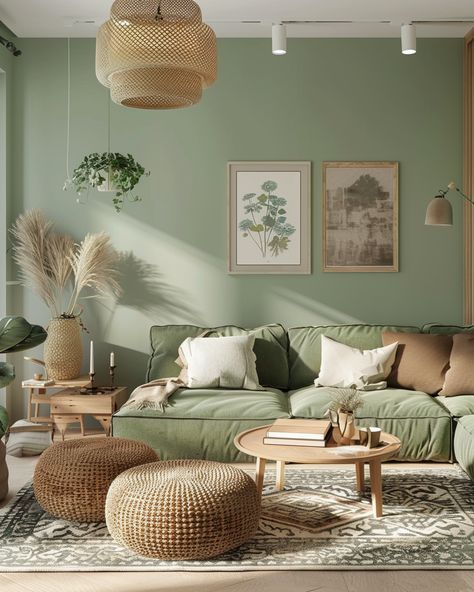 Gray Green White Living Room, Mint Green And Beige Living Room, Mid Century Modern Sage Green, Family Living Room Inspiration, Jade Green Living Room, Boho Green Living Room, Green And Wood Living Room, Elegant Boho Living Room, Tiny Family Room