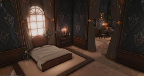 Ffxiv Bedroom Ideas, Fantasy Inn Room, Ffxiv Apartment Ideas, Room Illust, Ffxiv Apartment, Honeymoon Bedroom, Ffxiv Housing, Gothic Interior, Fantasy Bedroom