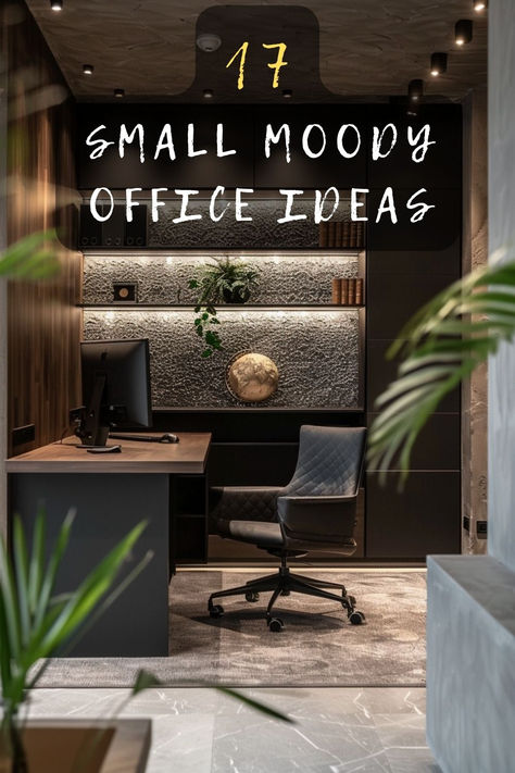 Ready to turn your compact workspace into a stylish sanctuary? 🖋️ Discover 17 small moody office ideas that'll revolutionize your work-from-home experience. Learn how to play with dark colors, ambient lighting, and cozy textures to create a space you'll love. Curious about these game-changing tips? Click now to explore! 🏠💼 #MoodyOffice #SmallSpaceDesign #HomeOffice #WorkFromHome #InteriorInspo Small Modern Home Office Design For Men, Charcoal Office Ideas, Basement Home Office Ideas Masculine, Men’s Office Gallery Wall, Home Office Bourbon Room, Desk Lighting Ideas Home Office, Masculine Home Office Ideas Man Cave, Office Pictures Ideas Wall Art, Small Dark Office Ideas