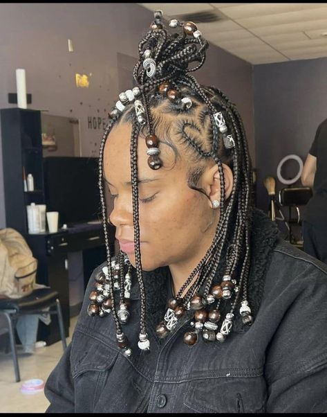 Knotless Braids With Heart: 30+ Trendy Braided Hairstyle Plaits On Natural Hair With Beads, Plaits And Beads, Heart Braids With Beads, Plaits With Beads, Knotless Braids With Heart, Short Knotless Braids With Beads, Braids With Heart, Short Knotless, Knotless Braids With Beads