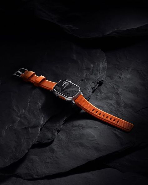 Nomad on Instagram: "Introducing: Ultra Orange Rugged Band Our most durable band ever, now with a splash of color. Rugged Band is constructed from FKM, a soft yet strong fluoroelastomer that can withstand anything you put your Apple Watch through. Pre-order yours today. Link in bio. #nomad #nomadgoods #adventureon #applewatch #applewatchultra" Watch Photography, Outdoor Watch, Apple Watch Bands Sports, Rubber Band Bracelet, Band Photography, Unique Products Design, Sports Bracelet, Rubber Watches, Apple Watch Ultra