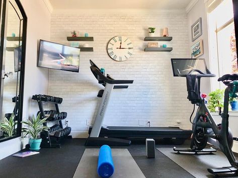 Treadmill In Laundry Room, Small Home Gym Design Bedroom, Small Workout Room Decor, Small Home Gym With Treadmill, Peleton Home Gym Ideas, Elliptical In Bedroom, Mini Workout Room, Small Bedroom Home Gym, Exercise Office Room