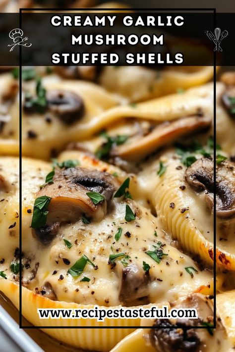 Delightful jumbo pasta shells stuffed with a creamy ricotta and mushroom filling, topped with Alfredo sauce and melted cheese. A comforting dish that's perfect for family dinners or special occasions. Stuffed Shells With White Sauce Recipe, Stuffed Mushrooms With Sauce, Stuffed Shells Cheese, Stuffed Shells With Bechamel Sauce, White Sauce Stuffed Shells, Stuffed Jumbo Pasta Shells Easy Recipes, Ricotta Stuffed Mushrooms, Vegetable Stuffed Shells, Stuffed Shells With Alfredo Sauce