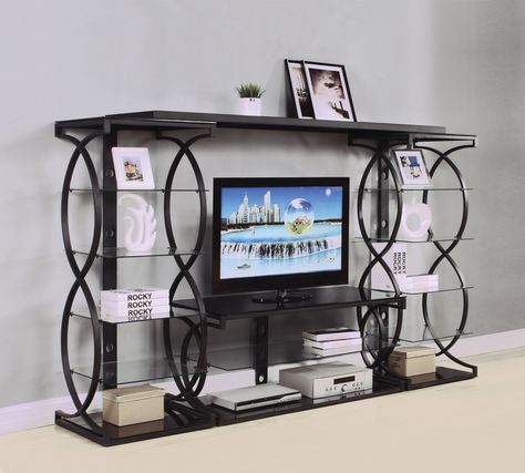 Metal Tv Stand Ideas, Glass Entertainment Center, Black Entertainment Centers, Industrial Entertainment Center, Tv Stand Ideas, Metal Tv Stand, White Entertainment Center, Entertainment Wall Units, Tv Entertainment Centers