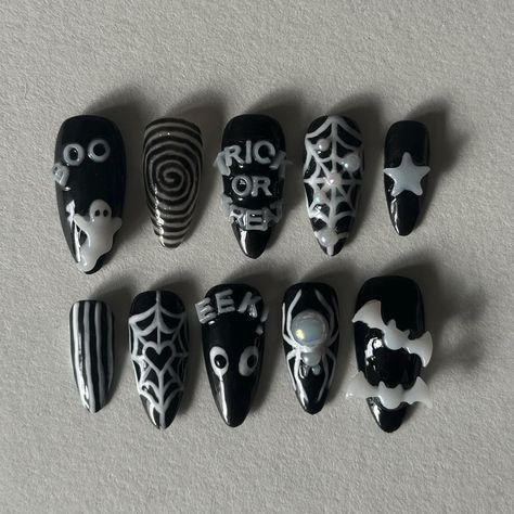 Happy Halloween! Wear this BOO!-tiful set for the month of October! Every set is custom made to order with no returns! Nails Halloween Almond, Black N White Halloween Nails, Halloween Nails With Pumpkins, Halloween Nails Easy Design, Spooky Halloween Nail Designs 2024, Black And Silver Halloween Nails, Nails Inspo Acrylic, Black And White Halloween Nails, Demure Nails