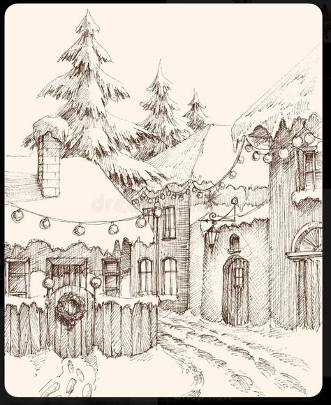 Snowy House Drawing, Christmas Cottage Drawing, Cottage Drawing, Snow Cabin, Winter City, Christmas Cottage, Winter Cottage, Landscape Sketch, City Drawing