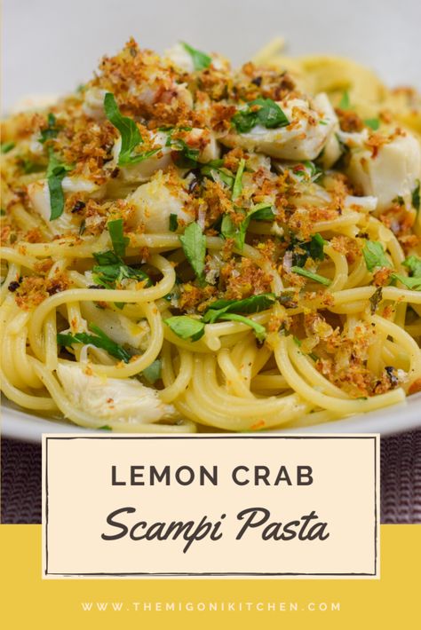 Lemon Crab Scampi Pasta - The Migoni Kitchen Crab Scampi, Crab Pasta Recipes, Scampi Pasta, Crab Pasta, Au Gratin Recipes, Seafood Pasta Recipes, Pasta Dinners, Crab Recipes, Pasta Dinner Recipes