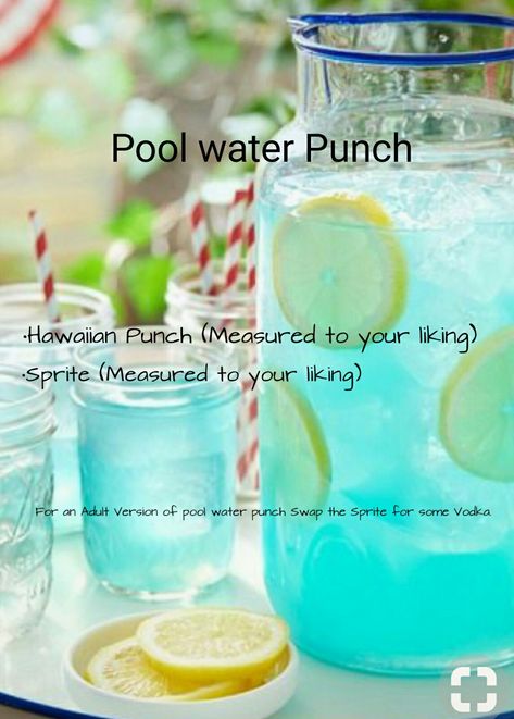 Pool party Punch . . . . •Hawaiian punch (1 large jug) •Sprite (1 2 liter bottle) For an Adult version of Pool party punch swap the Sprite for some Vodka. Pool Party Alcohol Drinks, Ocean Pool Party, Simple Pool Party Ideas, Pool Party Drinks For Kids, Summer Water Party, Kids Pool Birthday Party Ideas, Splash Party Food Ideas, Finger Foods For Pool Party, Beach Themed Pool Party