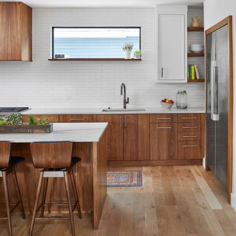 75 Scandinavian Kitchen with Light Wood Cabinets and Medium Tone Wood Cabinets Ideas You'll Love - January, 2024 | Houzz Scandinavian Kitchen Ideas, Appliances White, White Quartzite Countertops, Walnut Kitchen Cabinets, White Oak Flooring, White Quartzite, Scandinavian Kitchen Design, Light Wood Cabinets, Walnut Kitchen