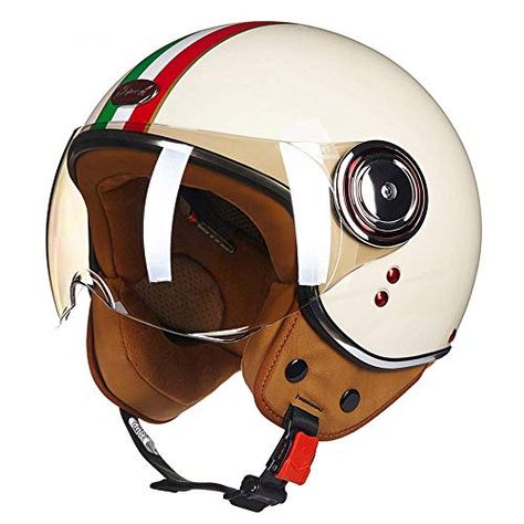 QIULAO Casco de Cara Abierta Casco de Motocicleta Casco Jet Vintage Casco piloto Vespa Cruiser Scooter Casco ECE D.O.... Vespa Helmet, Open Face Motorcycle Helmets, Bike Chopper, Retro Helmet, Scooter Helmet, Vintage Helmet, Motos Vintage, Vespa Gts, Helmet Designs