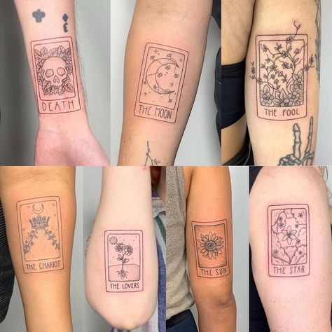 Noelle Adrienne Tattoos on Instagram: “I miss tattooing so much! Here’s my floral tarot card pieces- I’m looking forward to designing new ones soon! 🖤 hope you all are doing ok!…” Tarot Card Inspired Tattoos, Tarot Card Tattoo Placement, Fine Line Tarot Tattoo, Flower Tarot Card Tattoo, Aphrodite Tarot Card Tattoo, Group Tattoos, Matching Tats, Tarot Card Tattoo, Tarot Tattoo