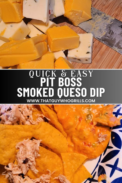 This Pit Boss Smoked Queso Dip Recipe is perfect for Taco Tuesday, Super Bowl, Cinco De Mayo, tailgating, or Nacho night! Use Velveeta cheese, pepper jack, Rotel, cheddar cheese, chorizo, jalapeno, and other add-ins!! This turns out creamy and full of flavor for an amazing appetizer.  Add more spices to turn the flavor or up or tone it down if you want. Pin this to your Smoker Recipes Pinterest board for later. Smoker Queso Dip, Smoked Queso Dip On Smoker, Smoked Cheese Dip, Queso Dip Easy, Nacho Night, Smoked Queso Dip, Velveeta Cheese Dip, Smoked Queso, Queso Dip Recipe