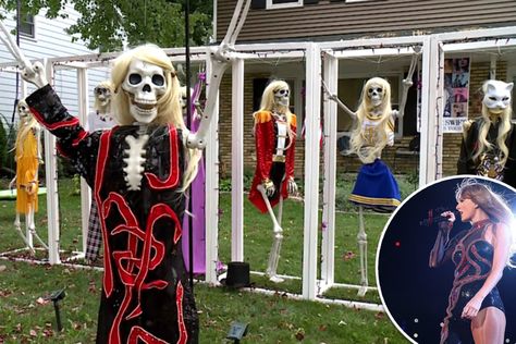 Welcome to the “ScarEras Tour.” Katelyn McLaughlin of Sun Prairie, Wisconsin, is going viral on TikTok for her Taylor Swift-inspired Halloween lawn decor that has Swifties forgetting all about their “Cruel Summer.” McLaughlin, 36, told Fox News Digital that she was inclined to assemble the show-stopping skeleton spectacle after attending Swift’s “Eras Tour” in June. At the show, several of Swift’s dancers wore memorable outfits made famous by... Halloween Lawn Decor, Halloween Lawn, Dancer Wear, Taylor Swift Party, Viral On Tiktok, Cruel Summer, Skeleton Costume, All About Taylor Swift, Going Viral