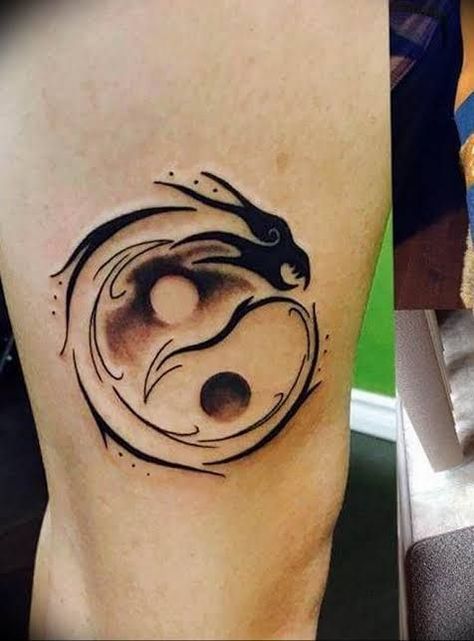 Yin And Yang Dragon Tattoo Yin Yang Dragon Tattoo, Dragon Yin Yang Tattoo, Dragon Tattoo Styles, Yin Yang Dragon, Dragon Thigh Tattoo, Blue Dragon Tattoo, Dragon Tattoo Meaning, Ying Yang Tattoo, Ouroboros Tattoo