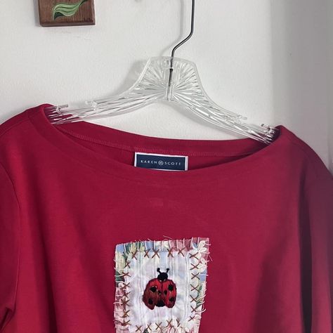 1of1 red shirt with embroidered ladybug square 🐞 I... - Depop Embroidered Ladybug, Sew Shirt, Bug Shirt, Ladybug Outfits, Red Shirt, Lady Bug, Fit Inspo, Life Size, Fitness Inspo