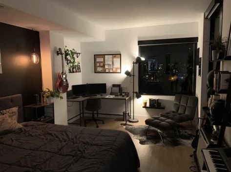 Modern Bedroom Interior Black, Cozy Simple Apartment, Bedroom Decor Inspo Minimalist, Mens Room Color Scheme, Minimalistic Dark Bedroom, Men Appartement Design, Classy Mens Bedroom, Apartment Room Ideas Minimalist, Guys Bedroom Ideas Men Minimalist