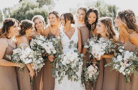 taupe bridesmaid dresses and greenery wedding bouquet Taupe Fall Wedding, Taupe Wedding Colors, Taupe Bridesmaid, Taupe Wedding, Taupe Bridesmaid Dresses, Greenery Wedding Bouquet, Neutral Bridesmaid Dresses, Wedding Color Ideas, Stunning Bridesmaid Dresses