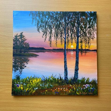 12 By 12 Canvas Painting, Nature Related Paintings, Best Landscape Paintings, Simple And Cute Paintings, Landscape Ideas For Painting, Bright Paintings On Canvas, 20x20 Canvas Painting Ideas, Beautiful Nature Painting, Scenery Painting Acrylic Canvases