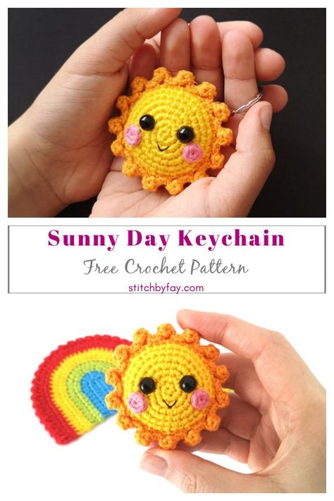 Sunny Day Keychain Free Crochet Pattern Diy Crochet Keychain, Crochet Keyring Free Pattern, Free Crochet Projects, Crochet Kindness, Reversible Octopus, Keychain Patterns, Easy Rose, Crochet Keychains, Keychain Pattern