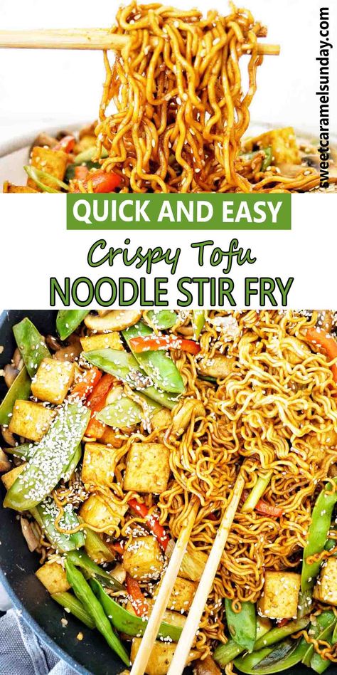 Chopsticks holding noodles over black pan of the same. There is text written between 2 images. Teriyaki Tofu Noodles, Tofu With Noodles, Healthy Noodle Recipes, Glass Noodles Recipe, Tofu Recipes Easy, Tofu Noodles, Wok Recipes, Noodle Stir Fry, Teriyaki Tofu