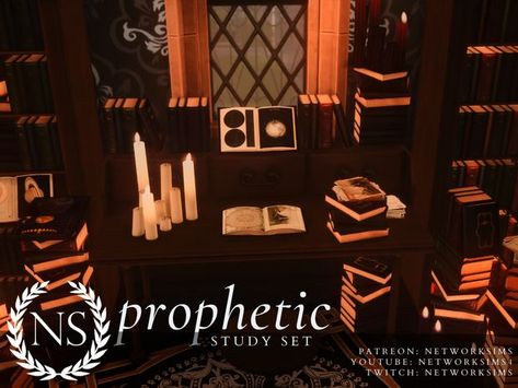 Sims 4 CC object set - dark academia study with desk, candles, books and bookshelves. Free and public on Patreon. Sims 4 Dark Academia, Dark Academia House, Dark Academia Study, Academia Study, Fantasy Play, Desk Stool, Dark Acadamia, Sims 4 Clutter, Bookcase Desk